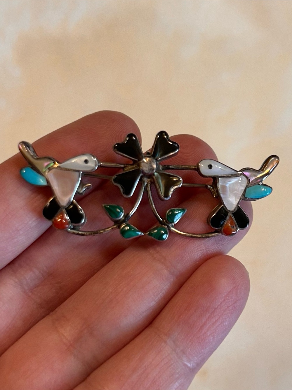 Vintage Zuni multi stone inlay hummingbird brooch pendant
